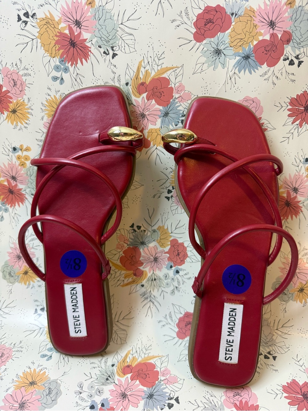 Steve Madden Red Strappy Square-Toe Sandals with Gold Accent